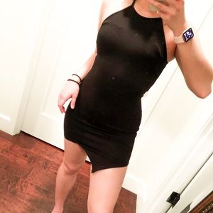Black bodycon halter neck asymmetrical dress